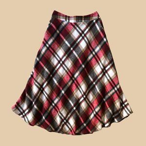 Plaid Midi Skirt - Red, Black, White, Tan Diagonal Plaid Pattern Size Small